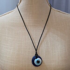 Evil Eye Necklace Blue Glass Pendant Adjustable Cord Protection Charm
